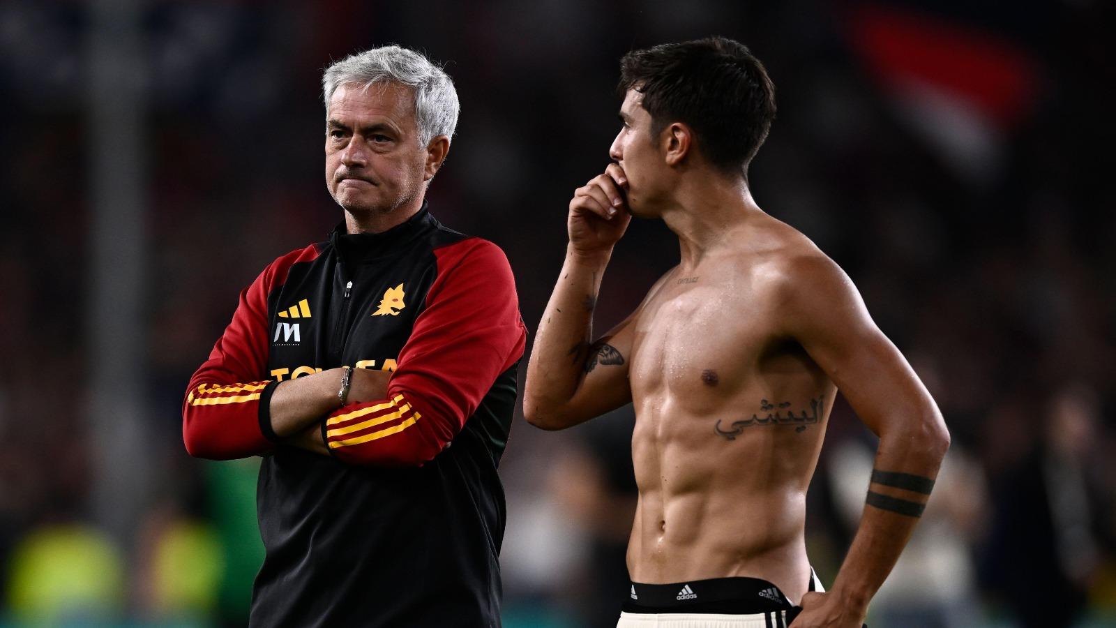 Jose Mourinho, head coach of AS Roma, and Paulo Dybala of AS Roma look dejected at the end of the Serie A football match between Genoa CFC and AS Roma.