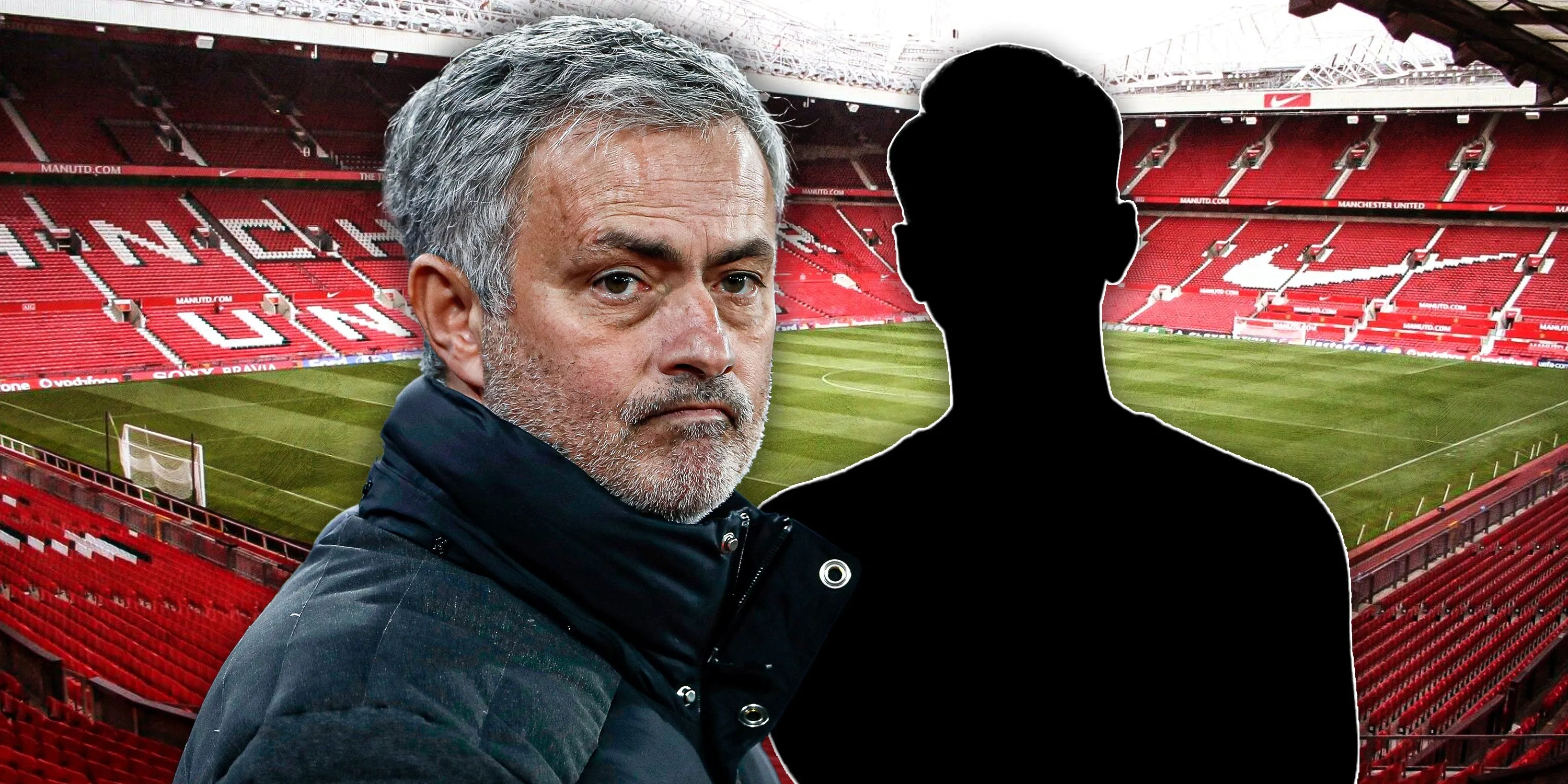 Jose Mourinho tại Man Utd với nền Old Trafford và hình bóng cầu thủ