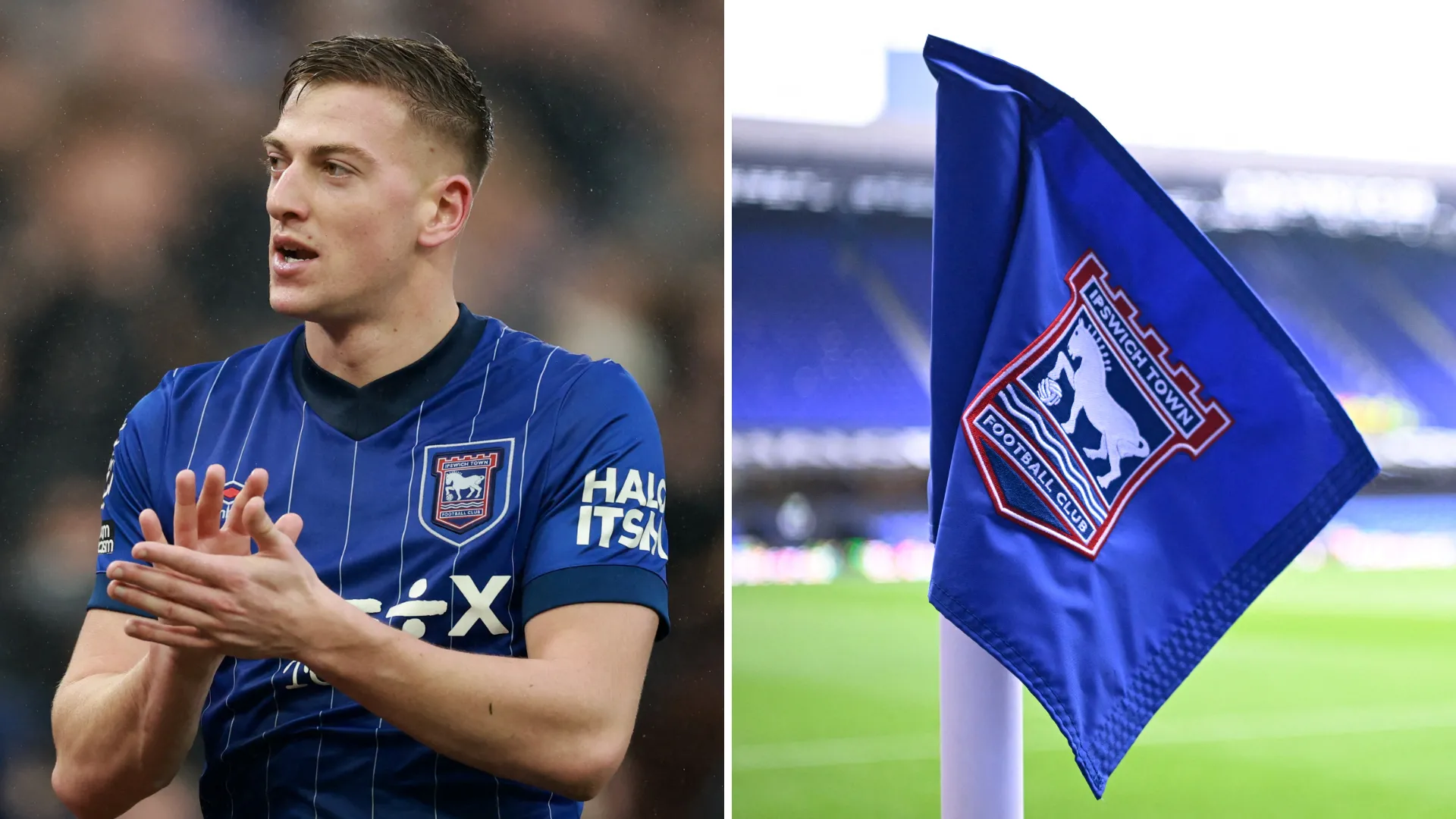 Mô tả: Hình ảnh tiền đạo Liam Delap ăn mừng bàn thắng trong màu áo Ipswich Town