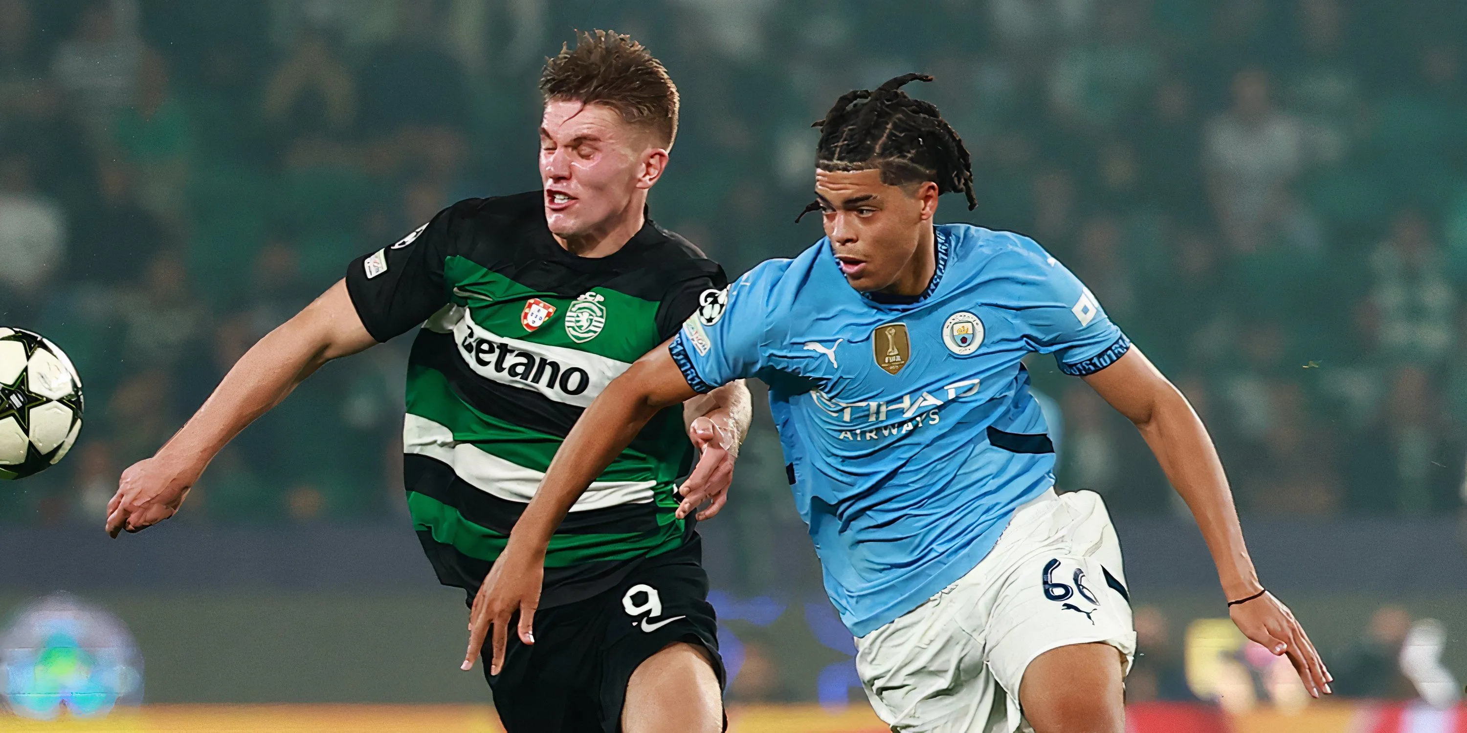 Cầu thủ trẻ Jahmai Simpson-Pusey đối đầu với Viktor Gyokeres trong trận ra mắt Champions League của mình cho Manchester City, thể hiện khả năng ở đẳng cấp cao.