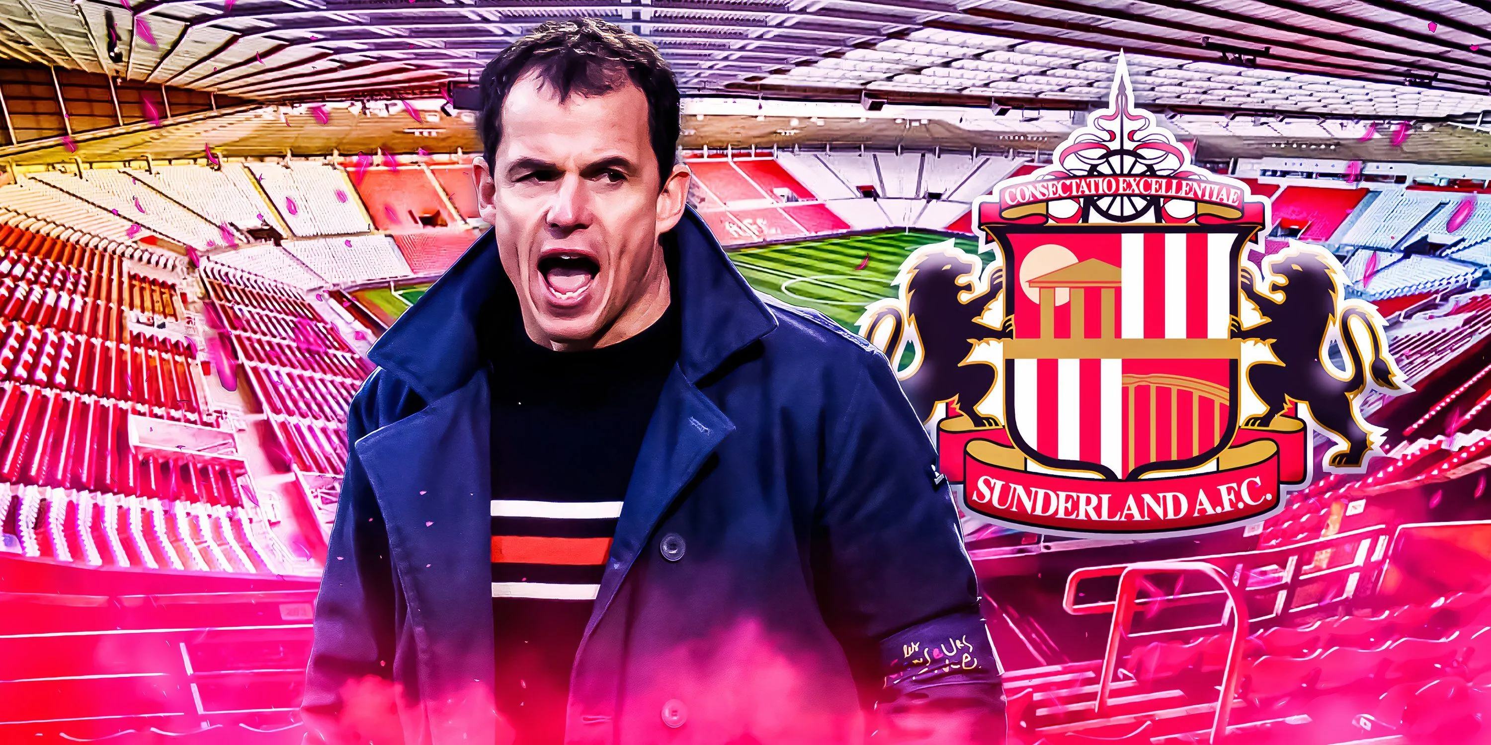 HLV trưởng Sunderland Regis Le Bris trước sân vận động Ánh Sáng cùng biểu tượng Mèo Đen