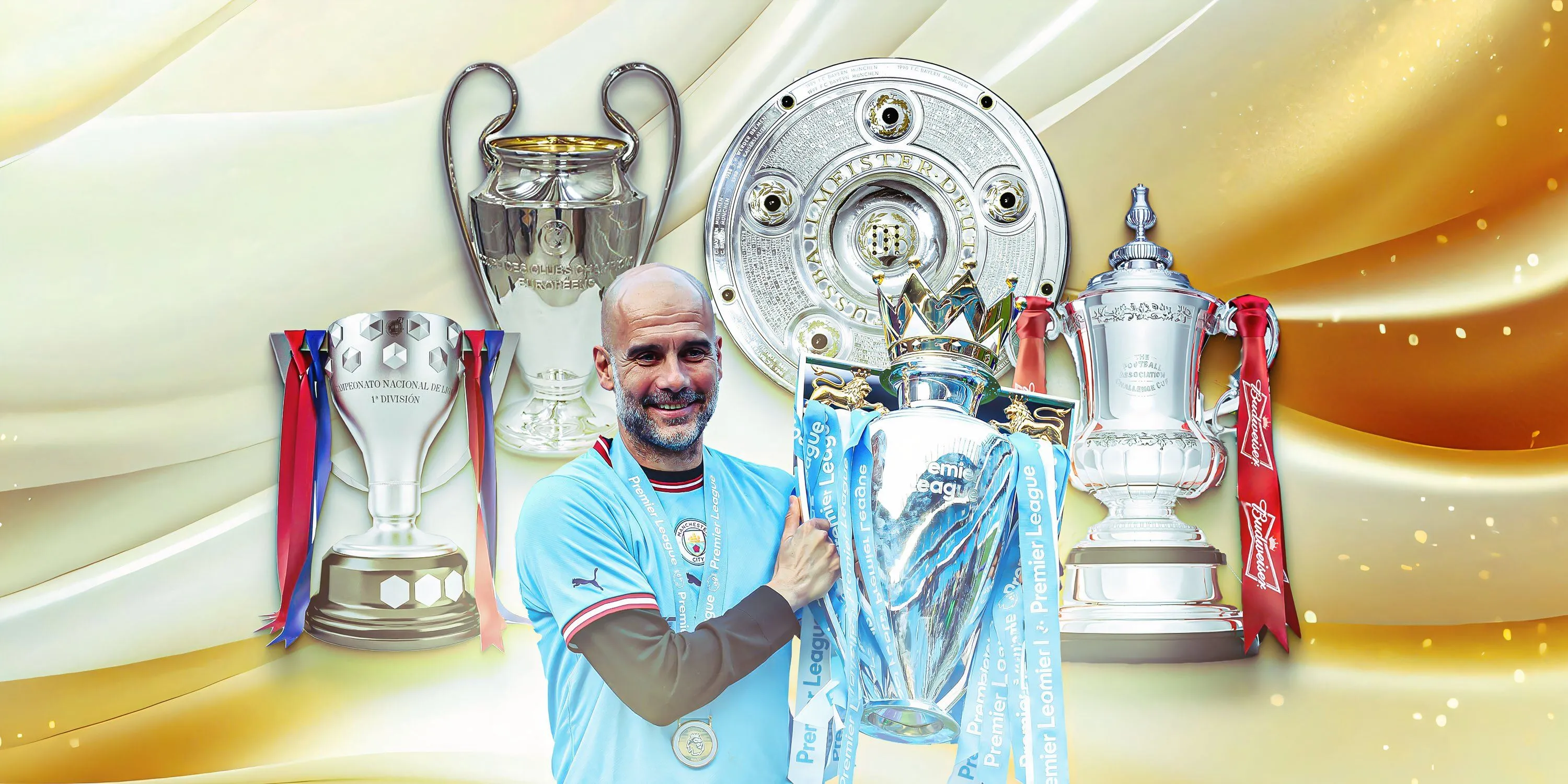 Pep Guardiola ăn mừng cùng các danh hiệu giành được trong sự nghiệp huấn luyện viên