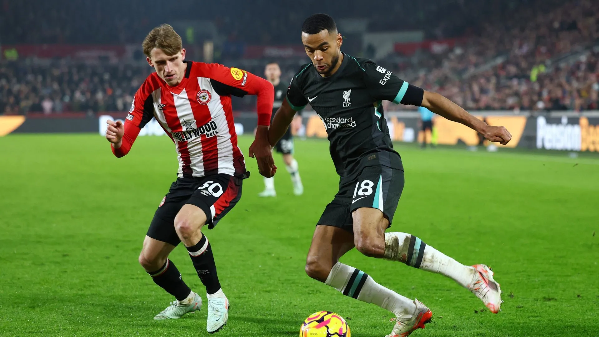 Mads Roerslev (Brentford) kèm cặp Cody Gakpo (Liverpool)